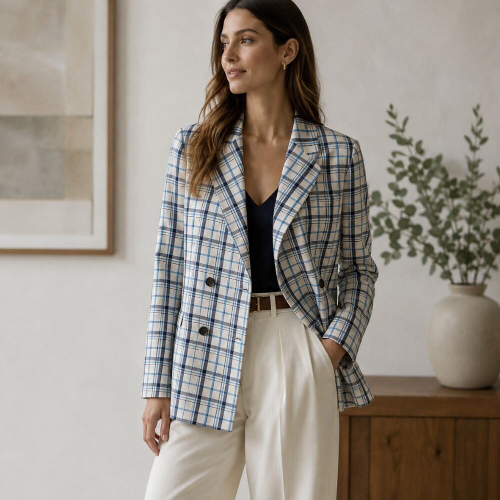 PRADA Wool Double Breasted Gabardine Check Plaid Blazer Azzuro Blue Sz 38 $2697